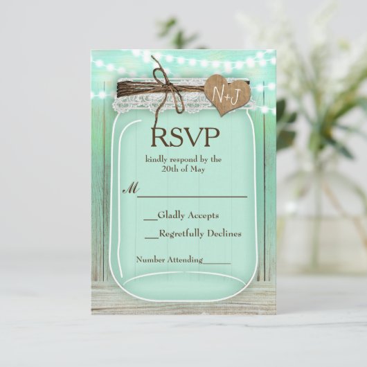 Große Mason Jar & Lights Mint Rustic Wedding RSVP Karte (Stehend Vorderseite)