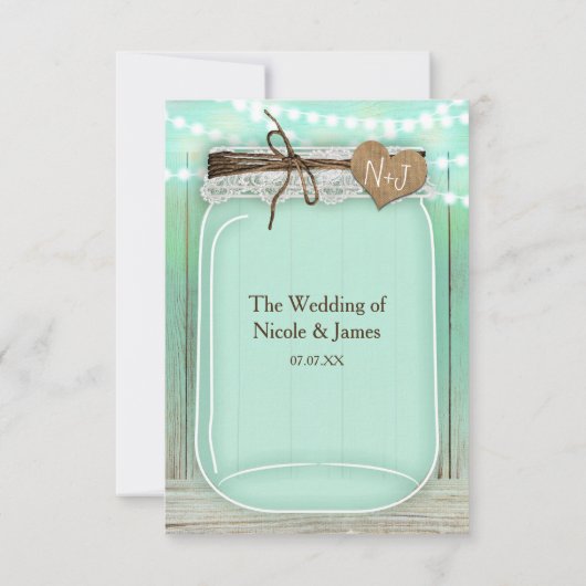 Große Mason Jar & Lights Mint Rustic Wedding RSVP Karte (Rückseite)