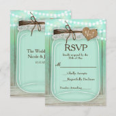 Große Mason Jar & Lights Mint Rustic Wedding RSVP Karte (Vorne/Hinten)