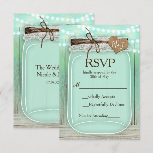 Große Mason Jar & Lights Mint Rustic Wedding RSVP Karte (Vorne/Hinten)