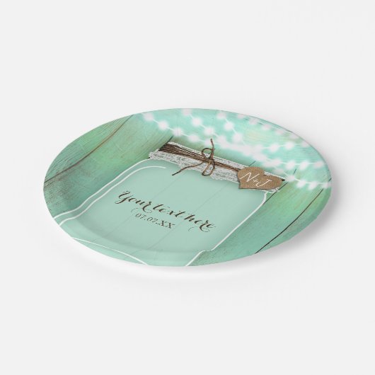 Große Mason Jar & Lights Mint Rustikale Hochzeit Pappteller (Schrägansicht)