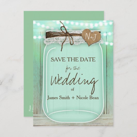 Große Mason Jar Mint + Lights Rustikal Save the Da Ankündigungspostkarte (Vorne/Hinten)