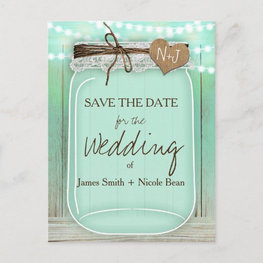 Große Mason Jar Mint + Lights Rustikal Save the Da Ankündigungspostkarte (Vorderseite)