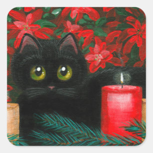 Große Mit Augen Weihnachtskatze Poinsettias Creati Quadratischer Aufkleber