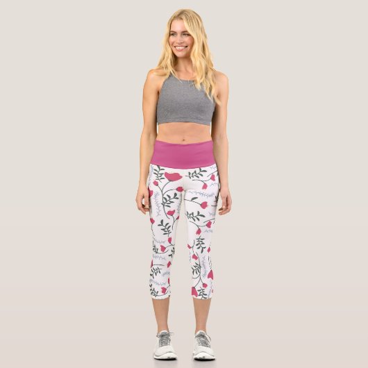 Große moderne Aquarellrot-Blume mit Verlassen Capri Leggings (Vorderseite)