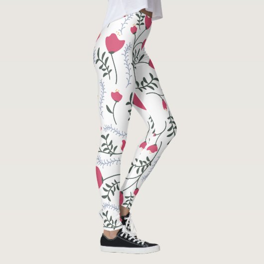 Große moderne Aquarellrot-Blume mit Verlassen Leggings (Rechts)