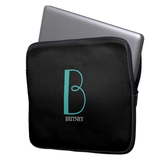 Große Monogramm und Name, Aquamarin/weiß, schwarz Laptopschutzhülle (Vorderseite Links)