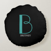Große Monogramm und Name, Aquamarin/weiß, schwarz Rundes Kissen (Rückseite)