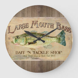 Große Mouth Bass Fisherman Cabin Wood Boards Große Wanduhr