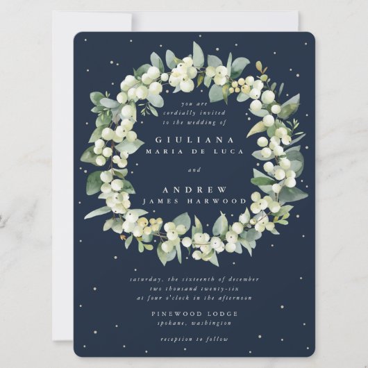 Große Navy Snowberry+Eucalyptus Wreath Wedding Einladung (Vorderseite)