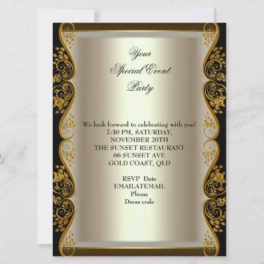GROSSE Party-Creme Gold Black Rose Einladung (Rückseite)