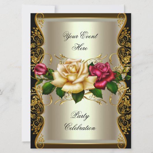 GROSSE Party-Creme Gold Black Rose Einladung (Vorderseite)