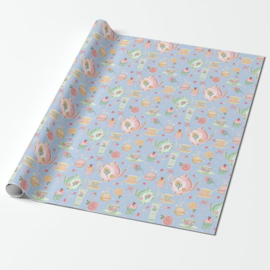 Große Pastelfarben Teapos auf blau Geschenkpapier (Ungerollt)