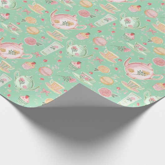 Große Pastelfarben Teapos auf Minzgrün Geschenkpapier (Ecke)