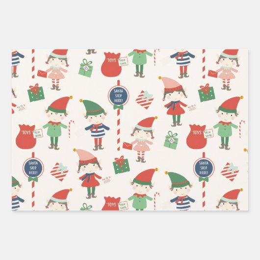 Große Print Santas Elves Muster Weihnachten Geschenkpapier Set (Vorderseite)