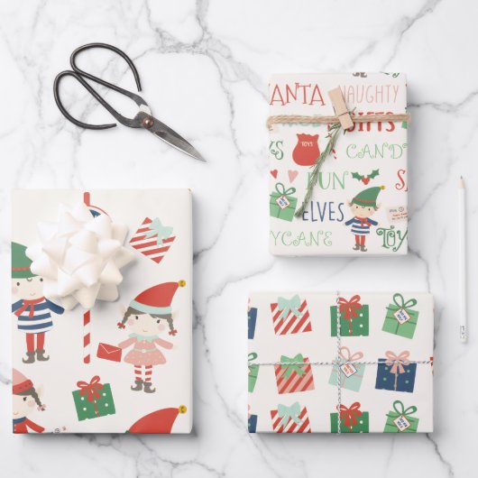Große Print Santas Elves Muster Weihnachten Geschenkpapier Set (Vorderseite)