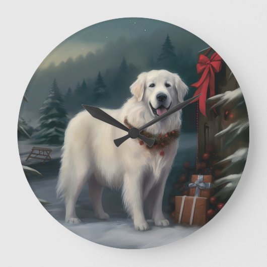 Große Pyrenäen Hund im Schnee Weihnachten Große Wanduhr (Vorderseite)
