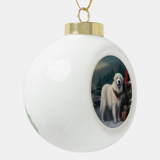 Große Pyrenäen Hund im Schnee Weihnachten Keramik Kugel-Ornament (Links)
