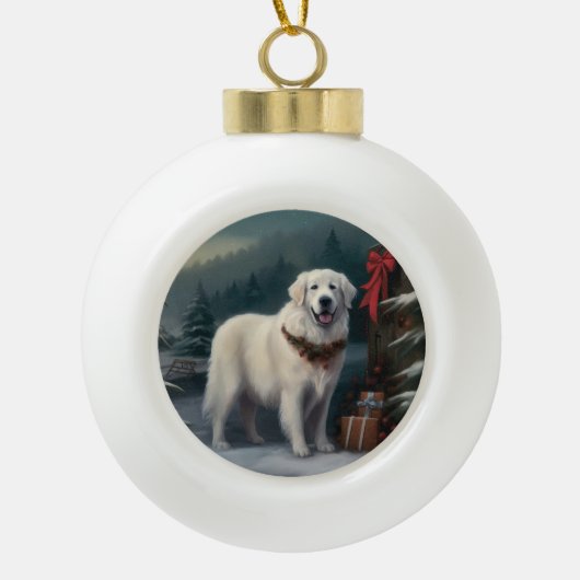 Große Pyrenäen Hund im Schnee Weihnachten Keramik Kugel-Ornament (Vorderseite)