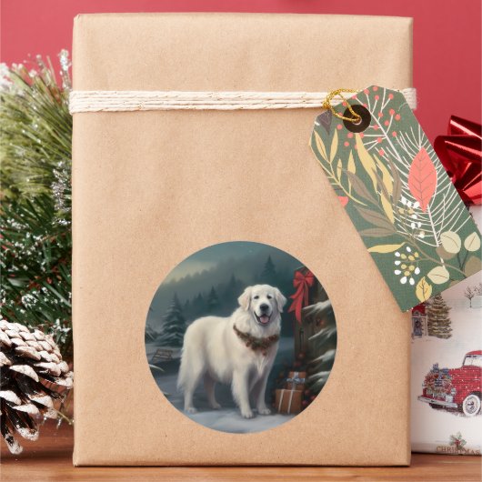 Große Pyrenäen Hund im Schnee Weihnachten Runder Aufkleber (Feiertag)