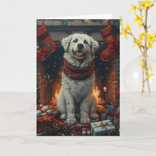 Große Pyrenäen Hund mit Weihnachtsgeschenken Feuer Karte