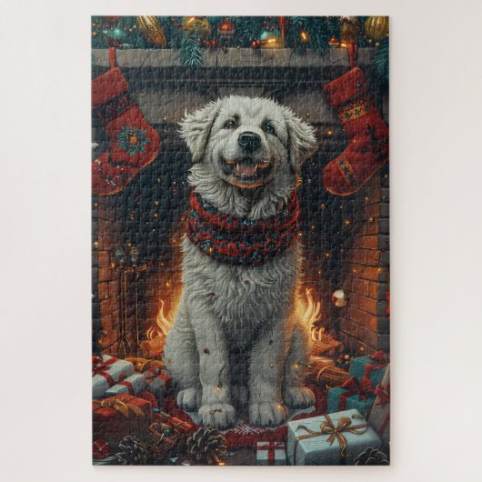 Große Pyrenäen Hund mit Weihnachtsgeschenken Feuer Puzzle (Vertikal)