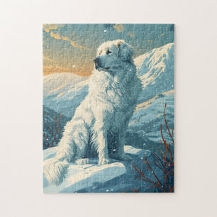 Große Pyrenäen im Schneewald bei Sonnenuntergang Puzzle