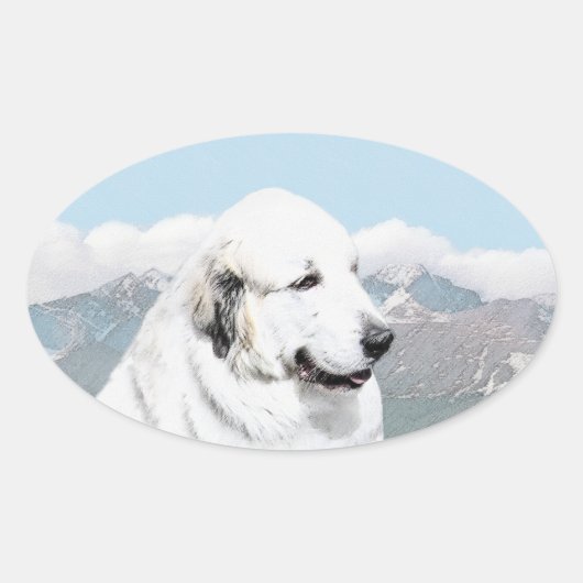 Große Pyrenäen Malerei - Original Hunde Kunst Ovaler Aufkleber (Vorderseite)