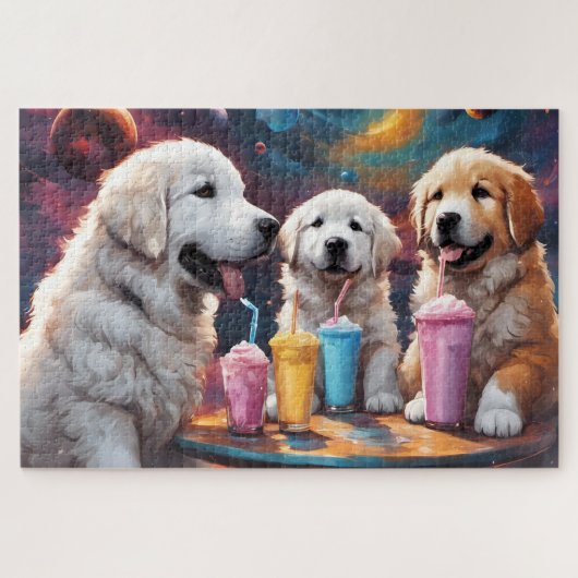 Große Pyrenäen Mama und Welpen mit Milchshakes Puzzle (Horizontal)