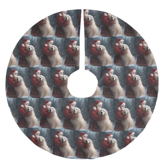 Große Pyrenäen mit dem Weihnachtsmann Weihnachten Polyester Weihnachtsbaumdecke (Vorderseite)