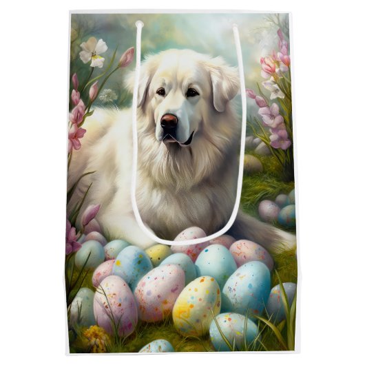 Große Pyrenäen mit Ostereiern Mittlere Geschenktüte (Rückseite)