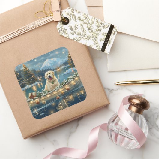 Große Pyrenäen Weihnachten Feierliche Reise Quadratischer Aufkleber (Schenken)