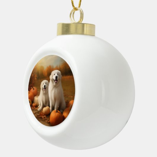 Große Pyrenäen Welpen Herbst Kürbis Keramik Kugel-Ornament (Rechts)