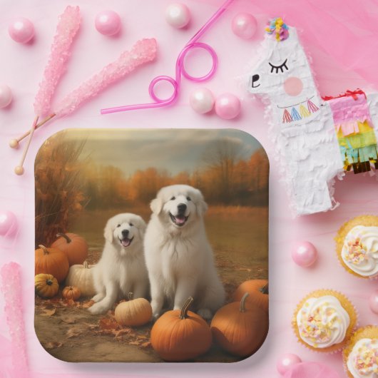 Große Pyrenäen Welpen Herbst Kürbis Pappteller (Party)