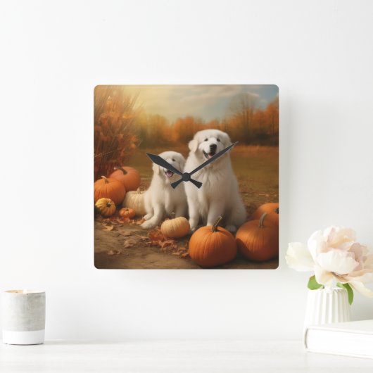 Große Pyrenäen Welpen Herbst Kürbis Quadratische Wanduhr (Zuhause)