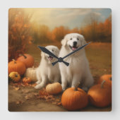 Große Pyrenäen Welpen Herbst Kürbis Quadratische Wanduhr (Vorderseite)