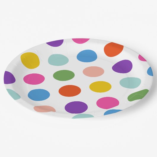 Große Rainbow-farbene Polka Dots Muster Pappteller (Schrägansicht)