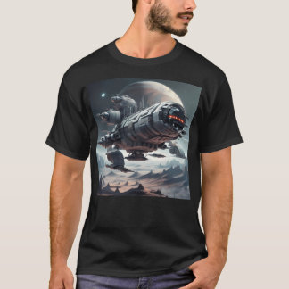 Große Raumsonde über einem sandigen Bergplaneten T-Shirt