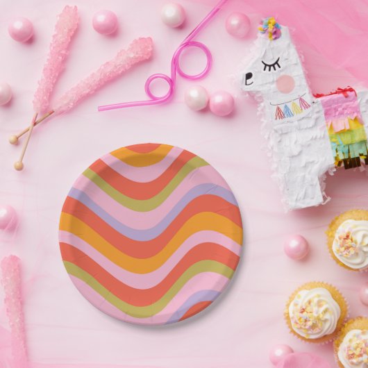 Große Retro- und farbenfrohe Streifen Pappteller (Party)