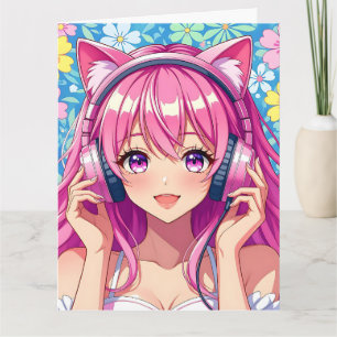 Große rosa Anime Girl mit Kopfhörern Geburtstag Karte