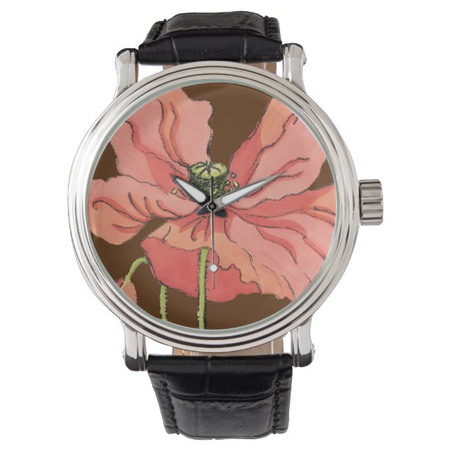 Große rosa Blume mit tiefrotem Hintergrund Armbanduhr (Vorderseite)