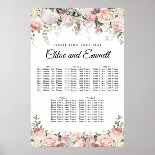 Große rosa Blumenkarte mit 5 Tischen für Hochzeite Poster
