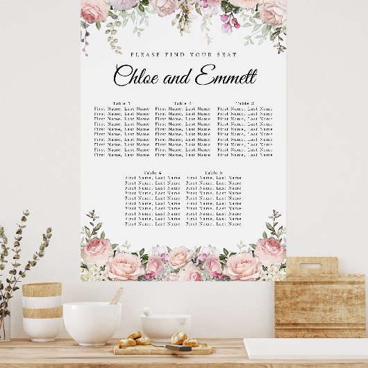 Große rosa Blumenkarte mit 5 Tischen für Hochzeite Poster (Küche)