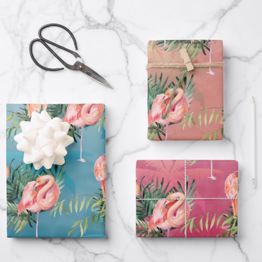 Große rosa Flamingos im tropischen Palmenparadies  Geschenkpapier Set (Vorderseite)