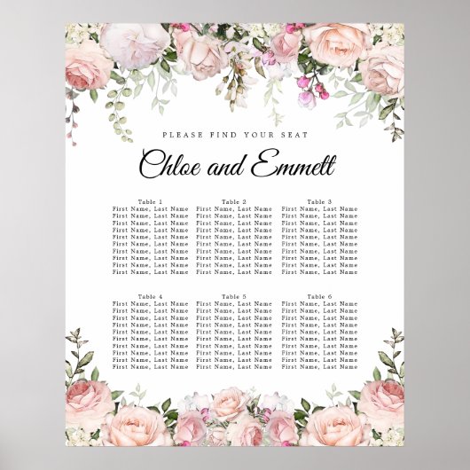 Große rosa, florale 6-Tisch-Hochzeitstabelle Poster (Vorne)