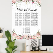 Große rosa, florale 7-Tisch-Hochzeitstabelle Poster (Heimbüro)
