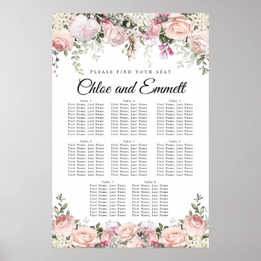Große, rosa, florale 8-Tisch-Hochzeitstabelle Poster (Vorne)