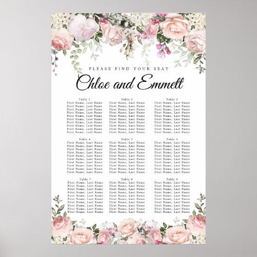 Große rosa, florale 9-Tisch-Hochzeitstabelle Poster (Vorne)