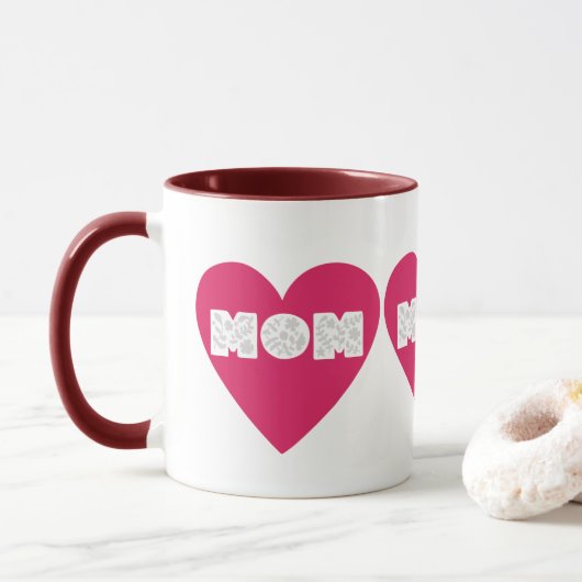 Große rosa Herz-MUTTER-Blumentypografie-Kaffeetass Tasse (Mit Donut)