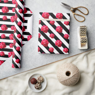 Große Rosen große diagonale schwarze und weiße Str Geschenkpapier